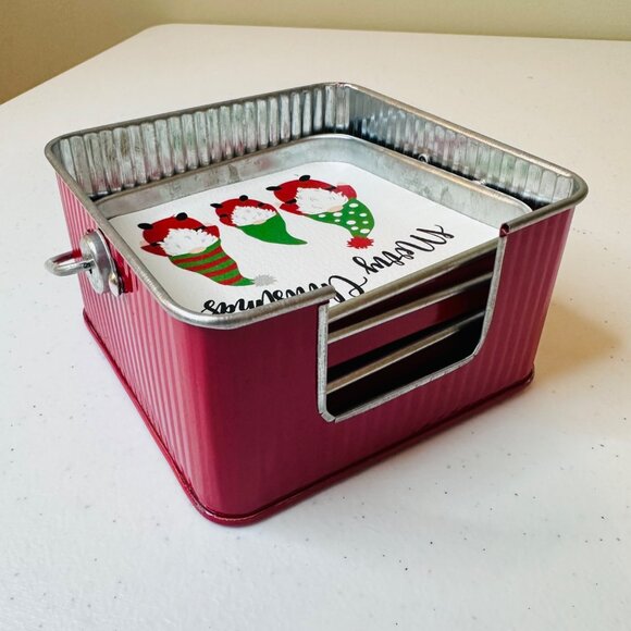 Holiday Christmas Gnome Coaster Set 4 tin coasters plus holder with handle - Picture 11 of 14